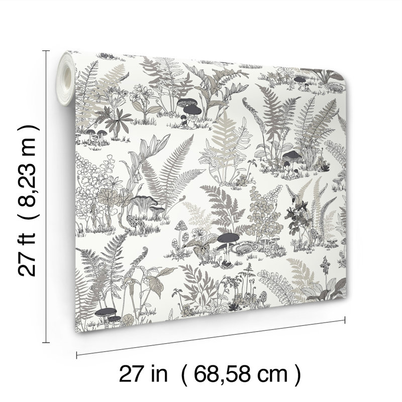 Mushroom Garden Toile Wallpaper Roll, Black & Gray