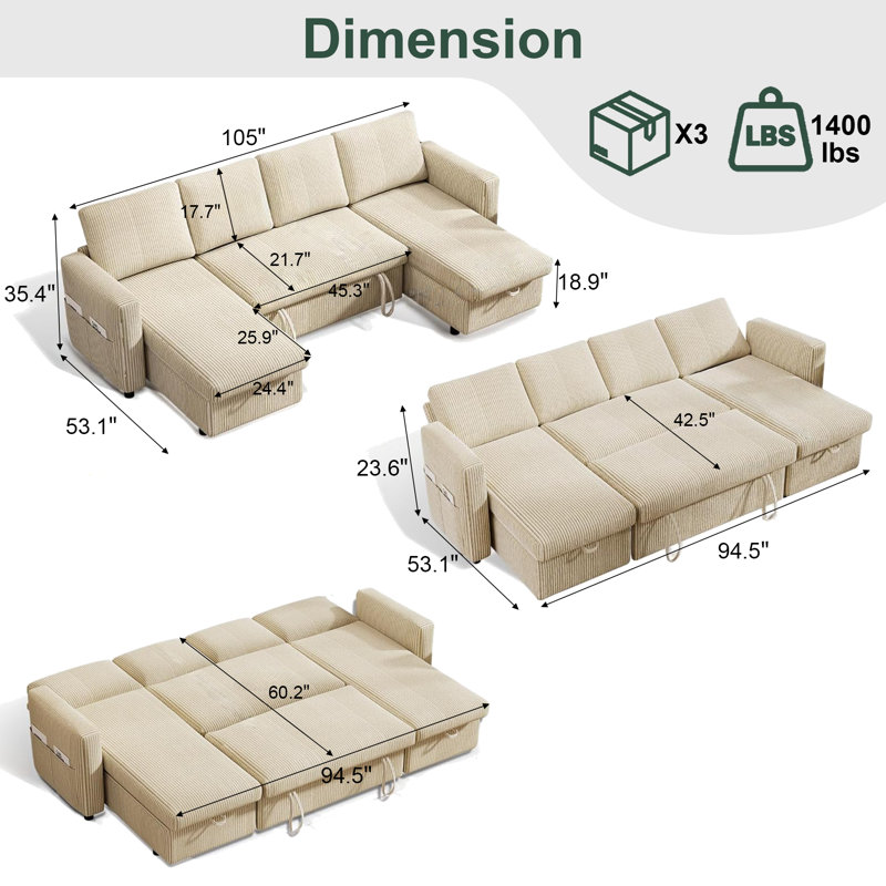 Canapé-lit modulaire avec canapé-lit, dossier inclinable, méridienne réversible, ports USB, assemblage sans outils, Blanc