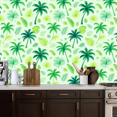 Peel and Stick Wallpaper Tropical Palm Leaves Fronds Seamless Green Watercolor Contact Paper Removable Self Adhesive Wall Mural Wall Decor for Bedroom Kitchen Cabinets 17.7in x 118in