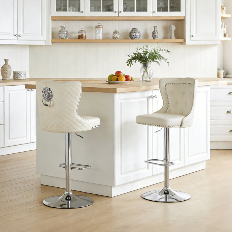Fredez Swivel Upholstered Adjustable Height Counter Stool, Chrome, Cream
