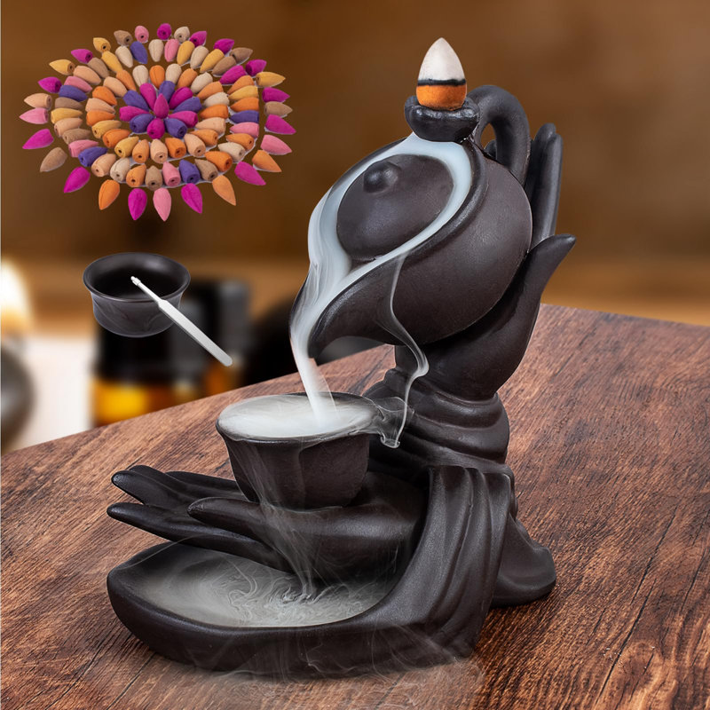 Waterfall Incense Burner Buddha's Hand Backflow Incense, Black