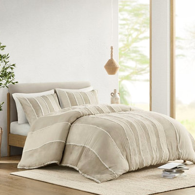 Housse de couette en coton très grand / très grand avec rayures multicolores contrastant taupe et bouton blanc