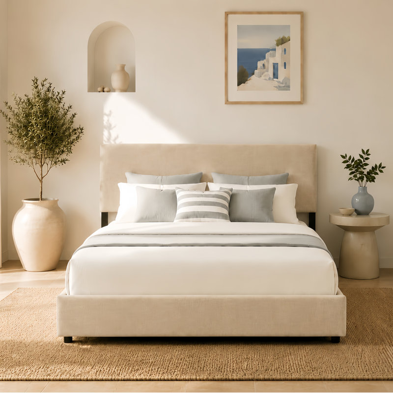Lit rembourré avec rangement 4 tiroirs, Beige, Grand