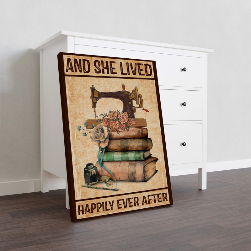 «Sewing Machine - She Lived Happily», toile tendue avec châssis