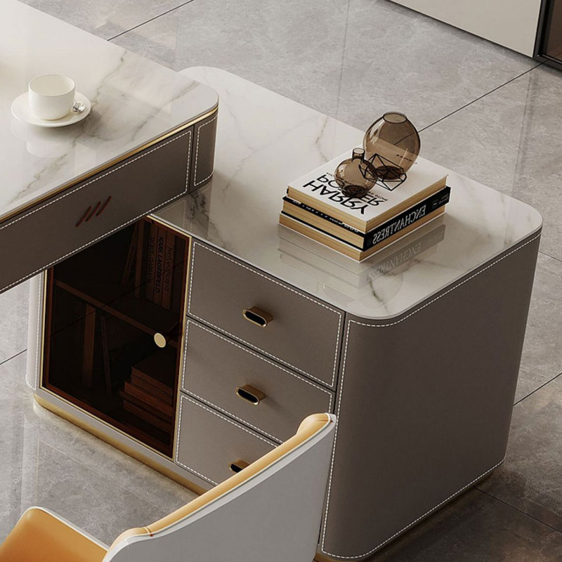 Bureau moderne et simple en tôle grise avec armoire, H 29,53 po x l 62,99 po x P 23,62 po, Retour à droite