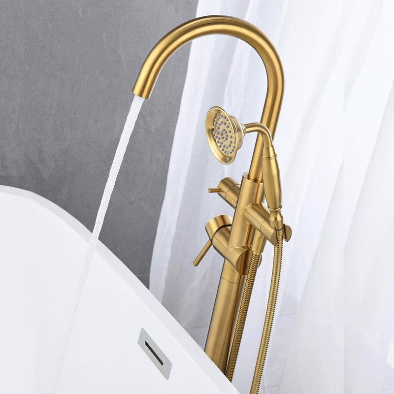Brushed Gold Freestanding Brass Bathtub Faucet with Hand Shower