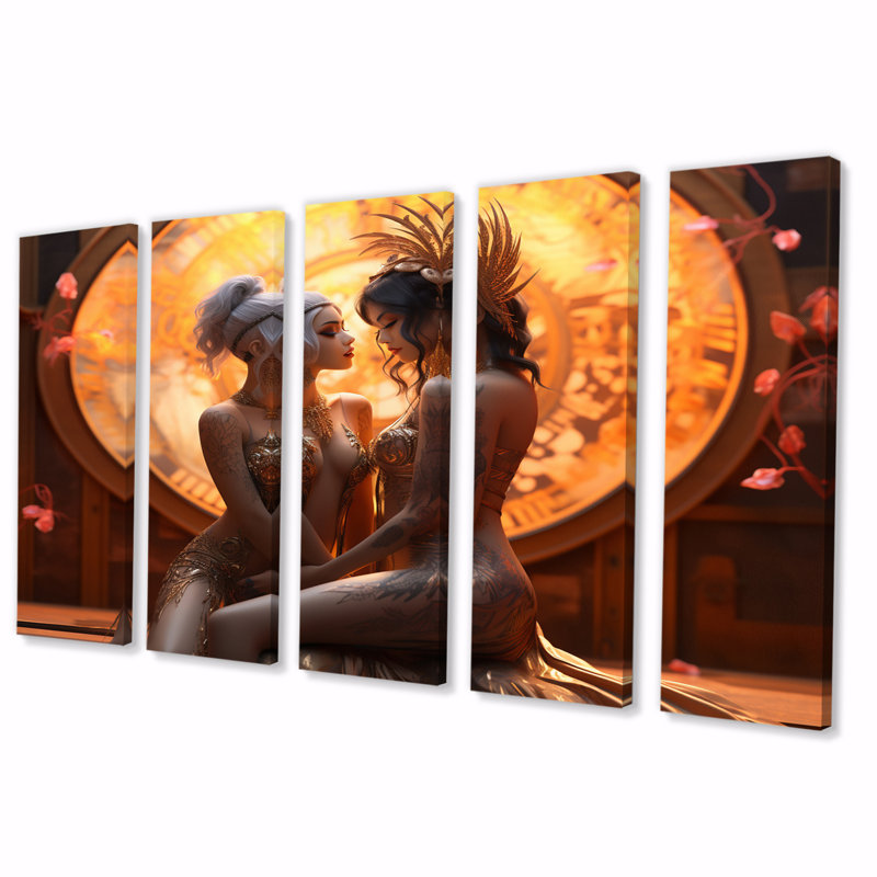«Divine Love Sensual Goddess Couple Kissing», reproduction d'art murale - 5 panneaux égaux