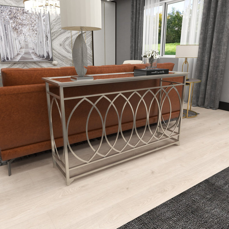 Metal Geometric Living Room Console Table with Mirrored Glass Top, Silver