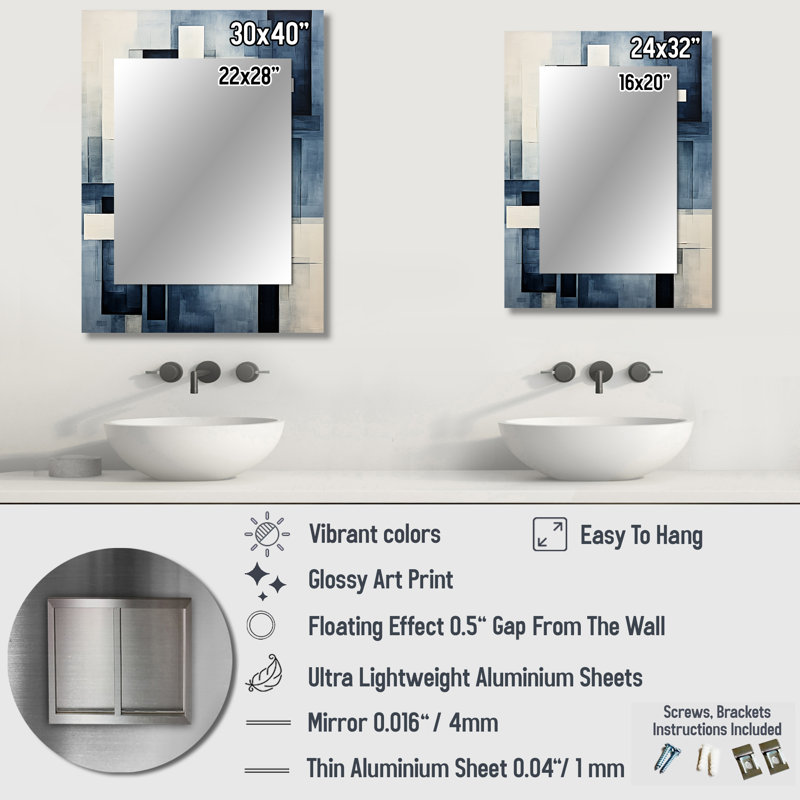 Indigo illusion abstrait formes III - formes abstraites miroir mural, miroir gris, impression sur métal, 32 po x 24 po