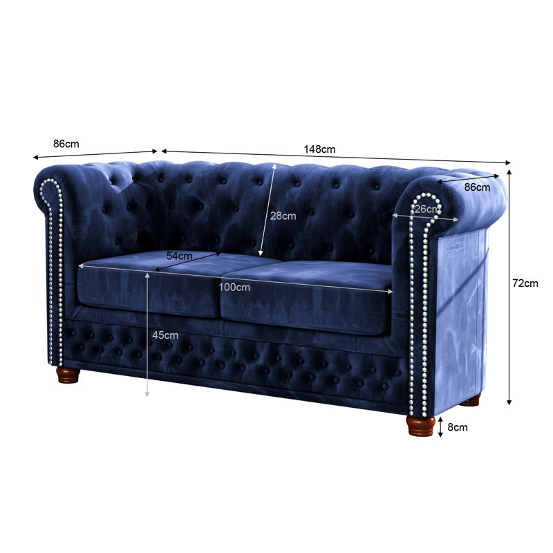 Chesterfield  Sofa 2 Seater Made of Velvet Fabric with Solid Wood Legs, Navy Blue