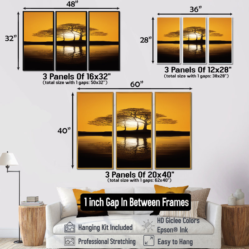 Coucher de soleil jaune à travers l'arbre noir - ensemble d'art mural chêne, Encadrement argenté, H 40 po x l 60 po x P 1 po