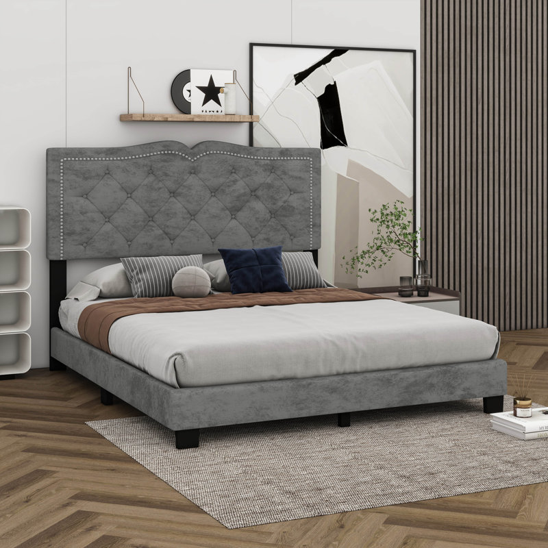 Lit plateforme tapissier Bilgehan, gris, Grand