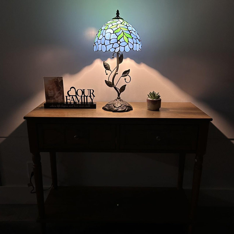 Haruko Tiffany Table Lamp Blue Stained Glass Green Leaves LED Bulb Included Iron Metal Leaves 10"W*10"D*20"H