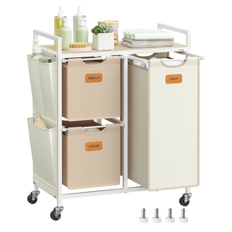 Metal Rolling Laundry Basket with Handles, Natural Beige/Camel Brown/Cream White