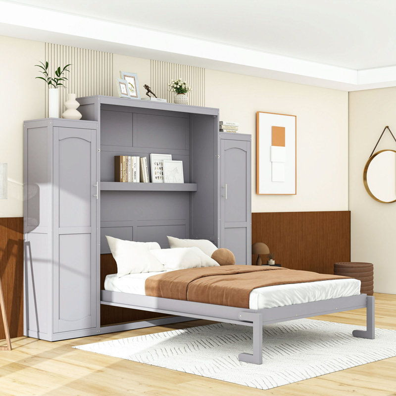 Wooden Murphy Bed with Shelves and Wardrobes, Gray, Queen