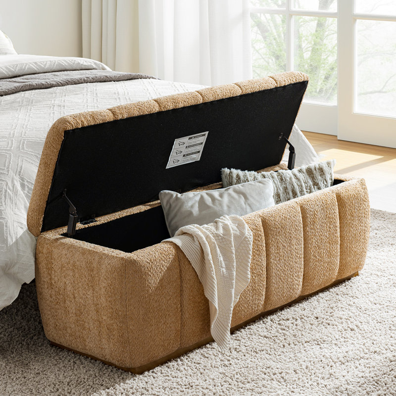 Vanesa 50.5"W Modern Chenille Fully Assemble Upholstered Filp-Top Storage Bench With Solid Wood Base, Camel