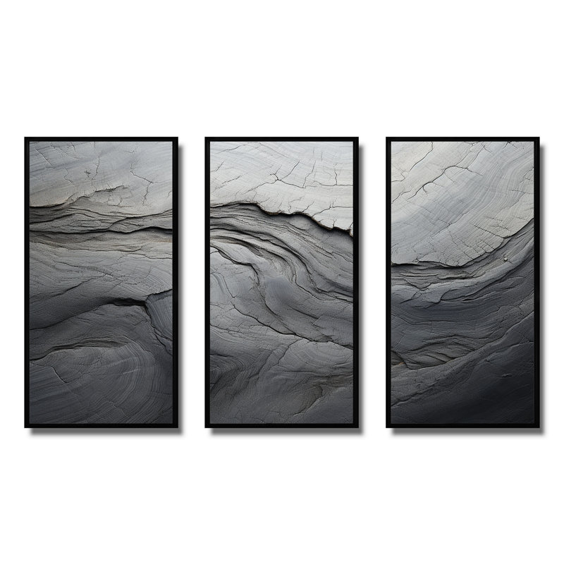 «Gray and White Stone River III - Abstract», reproduction d'art murale, H 28 po x l 36 po x P 1 po, Cadre flottant noir