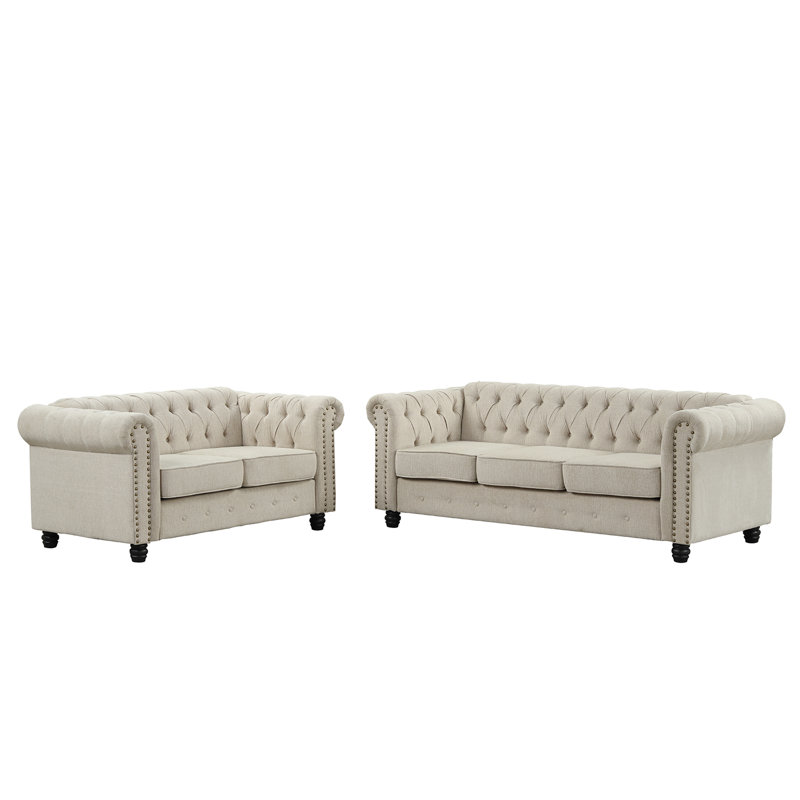 Perry 2 Piece Configurable Living Room Set, Light Beige Linen