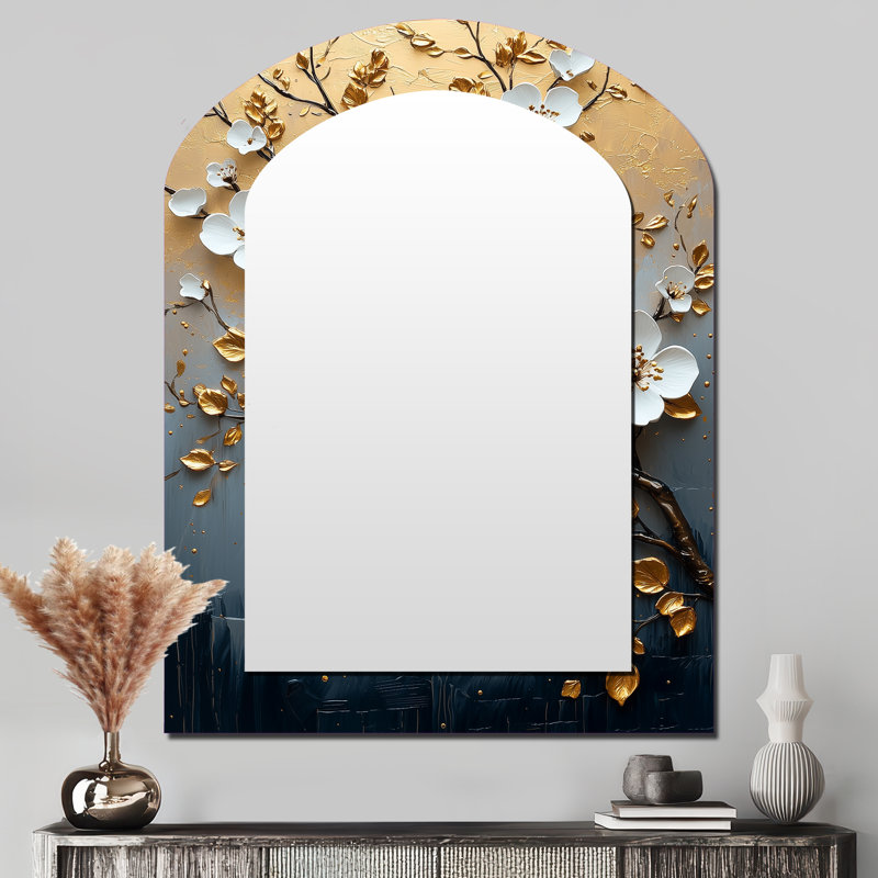 Miroir mural en forme de fleur de cerisier en or doré bleu Bonzai Blossom Branch III, 43 po x 33 po