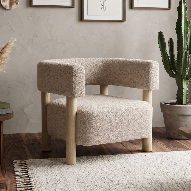 Fauteuil d'appoint rembourré en tissu bouclé avec coussin en mousse et pieds robustes en bois