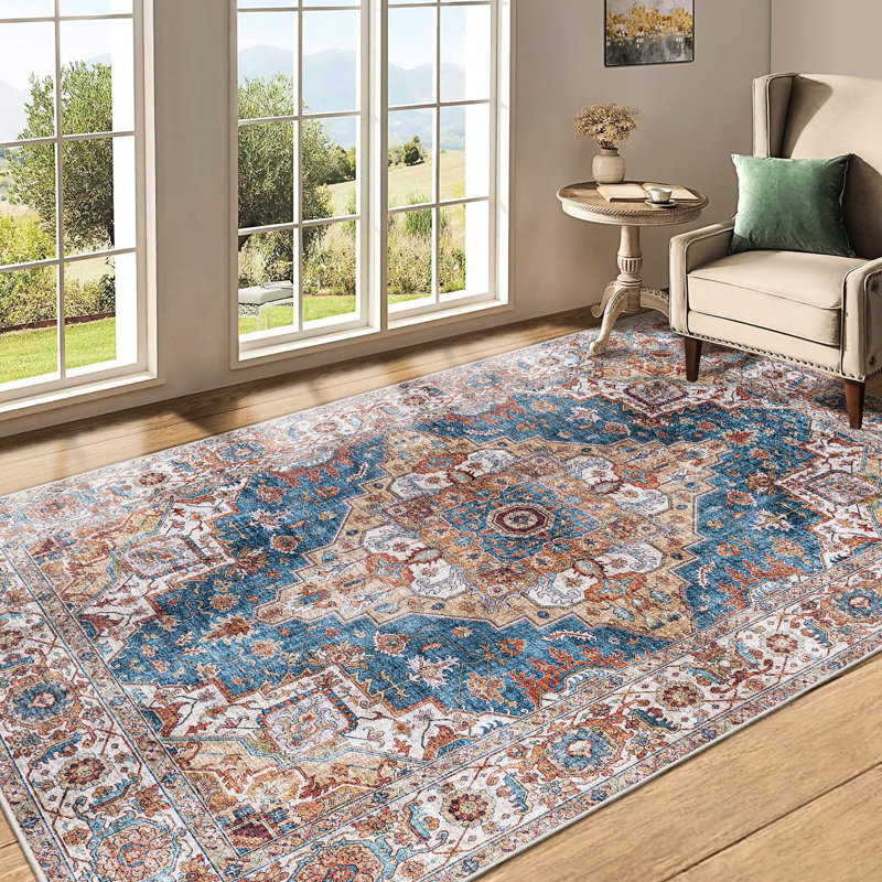 5x7 Area Rug, Vintage Washable Non-slip Rug For Bedroom, Living Room, Guest With Blue/yellow Flower Pattern Floor Kitchen