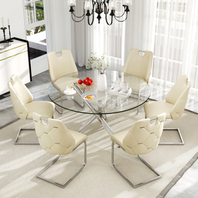 Table de salle à manger ronde en verre trempé, table de salle à manger moderne avec dossier haut en similicuir pour salle à manger