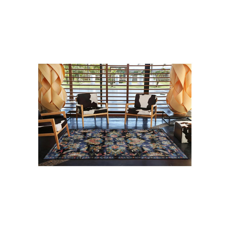 Black Blue Tone Floral Knotted Woven Base Washable Carpet, Rectangle 3'4" x 5'