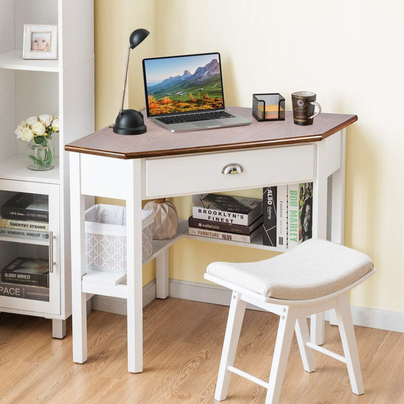 Space-Saving Corner Desk With Drawer And Storage Shelves, Compact Triangle Computer Desk For Home Office Or Bedroom