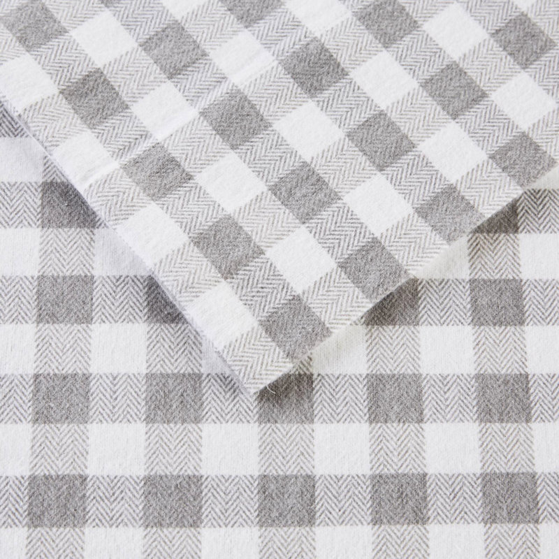Drap simple TG imprimé, 3 pièces à carreaux gris à chevrons, 100% flanelle de coton, doux et comprend un drap plat, une taie d'oreiller ajustée,