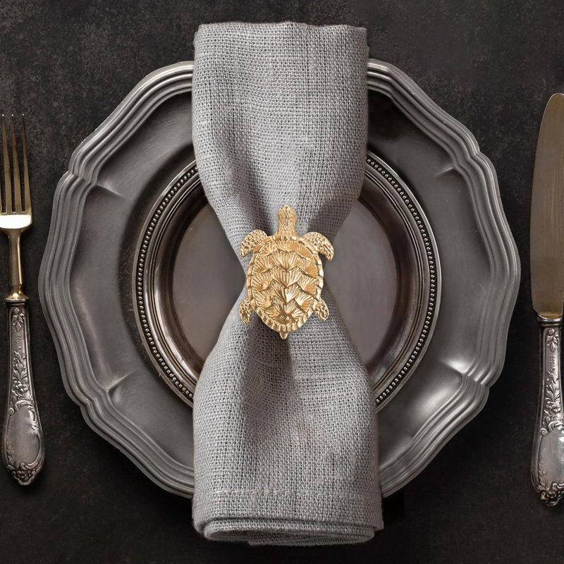 Ensemble de 4 anneaux de serviette en forme de tortue dorée avec coquille stylisée - Décoration de table de Noël élégante