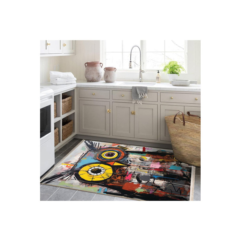 Tapis moderne lavable à la machine à motif de hiboux multicolore de la collection Sun