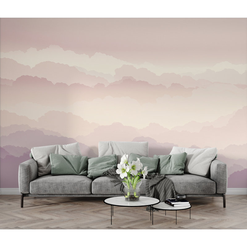 Papier peint aquarelle Ethereal Cloud - Design panoramique luxueux ciel pastel en rosé, champagne et lavande, Non tissé