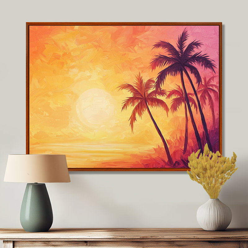 Coucher de soleil Oasis Palm Trees II - Décoration murale palmiers, 12" H x 20" W, Reproduction avec cadre flottant, Brun
