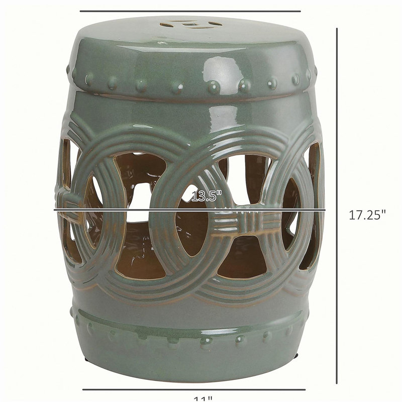 Outsunny 14" x 17" Ceramic Garden Stool with Double-Coin Knotted Ring Design & Strong Glazed Material, Decorative End Table, Home Collection, White