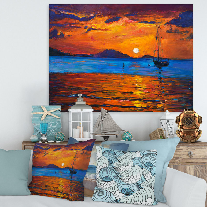 Bateau pendant la soirée, lueur au lac Ix - Peinture sur toile, H 12 po x l 20 po x p 1 po, Toile tendue