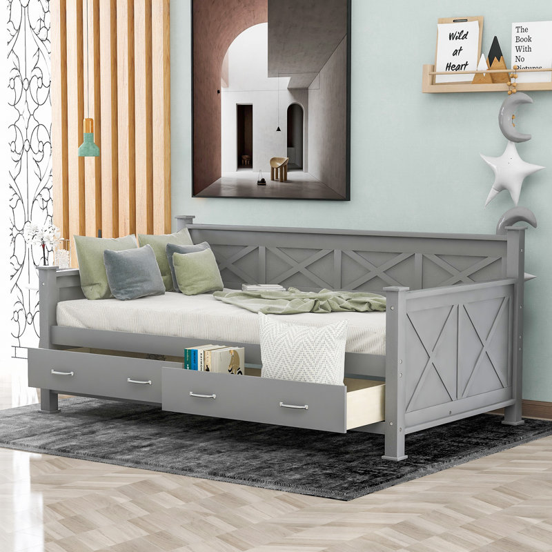 Lit de jour simple avec 2 grands tiroirs de rangement, lit en bois massif à structure en X, style décontracté rustique moderne, gris