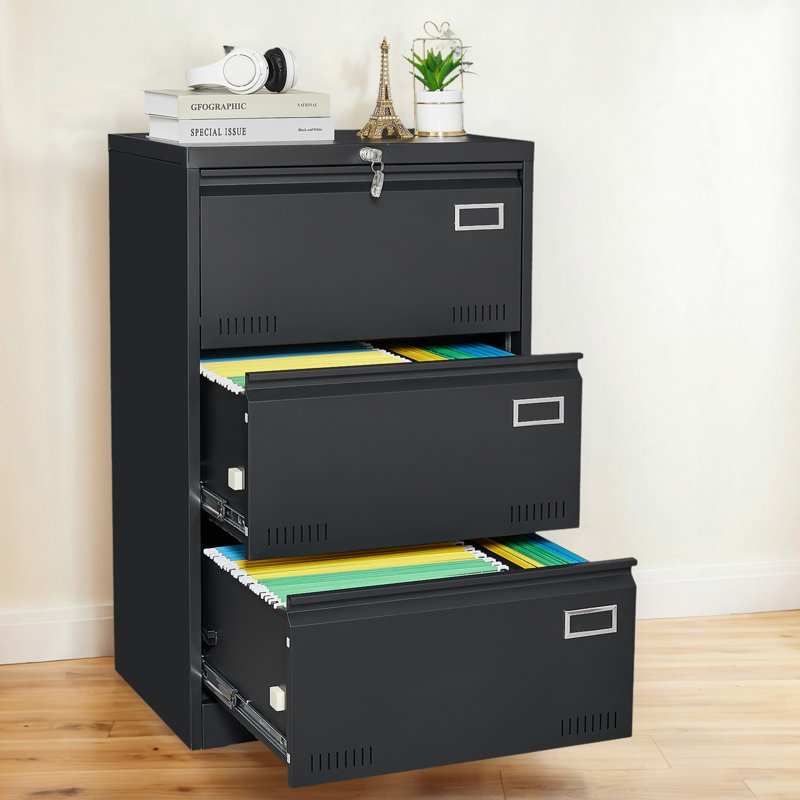 Wide 2/3-Drawer Lateral Filing Cabinet With Lock– Widened Drawers, Folding Keys, And Enhanced Safety Features, Black
