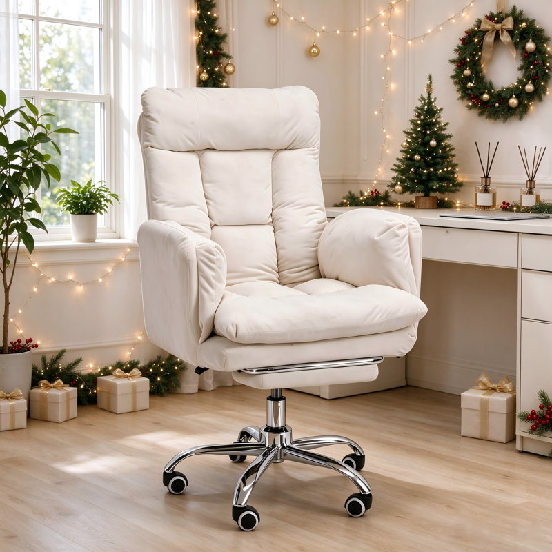 Wide Pet‑Friendly Reclining Swivel Office Chair, White