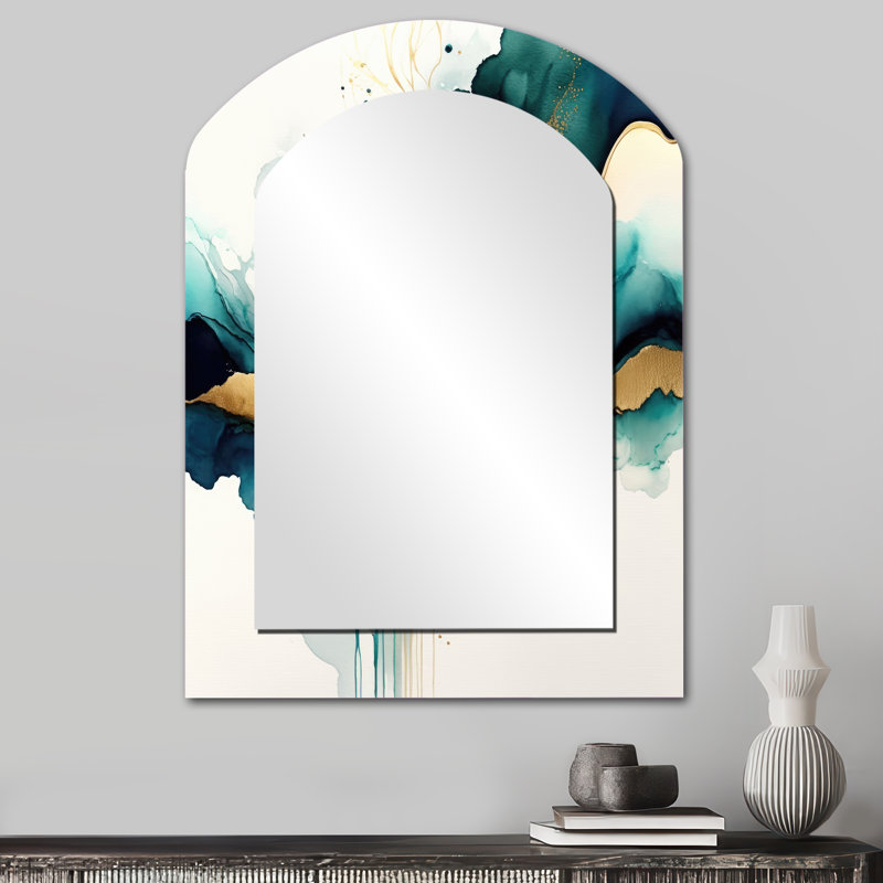 Teal And Gold Abstract Expression III - Liquid Ink Arch Unique Mirror, Turquoise Asymmetrical Large Wall Mirror, Printed Metal Art