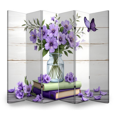 6 Panels Folding Screen Room Divider Royal Purple Floral Bouquet Glass Jar Butterfly Stacked Books Soft Canvas Screen Room Separator Freestanding Protective Wall Divider Privacy Partition
