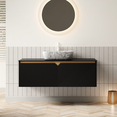 Ensemble de meuble-lavabo flottant de 48 po, revêtement de surface en pierre frittée noire, lavabo en céramique à motif de marbre blanc, armoire en bois massif avec design en sergé