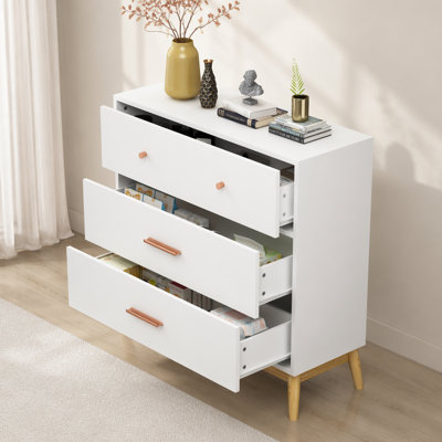 Nordic Style 3-Drawer Storage Cabinet, Modern White Chest of Drawers with Rose Gold Handles and Solid Wood Base, Perfect for Small Spaces
