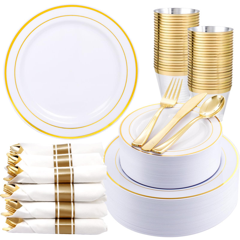 350 Piece Gold Plastic Dinnerware Set For 50 Guests - Gold Plastic Plates With Disposable Cutlery Include:50Dinner Plates-50Dessert Plates-50Pre Rolled Napkins With Gold Silverware