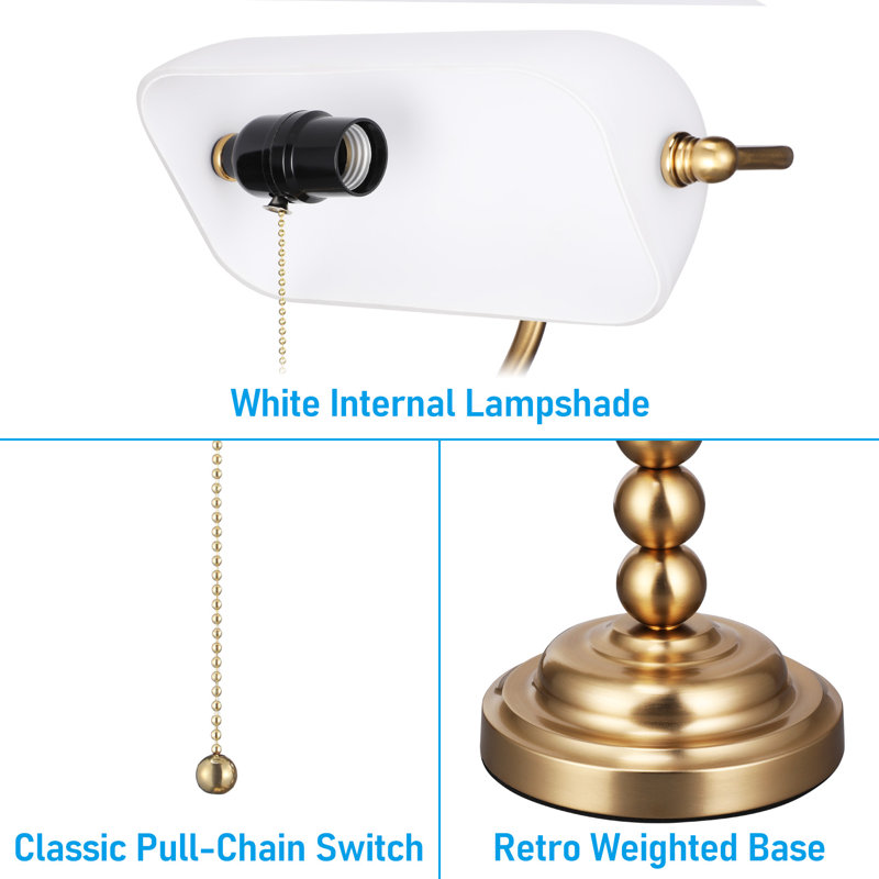 Antique Bankers Desk Lamp, Ivory White Glass Table Lamps, E26 Base Traditional Lamp With Pull Chain