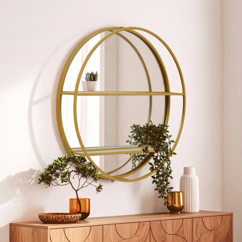 Alfons Metal Round Mirror with Shelves