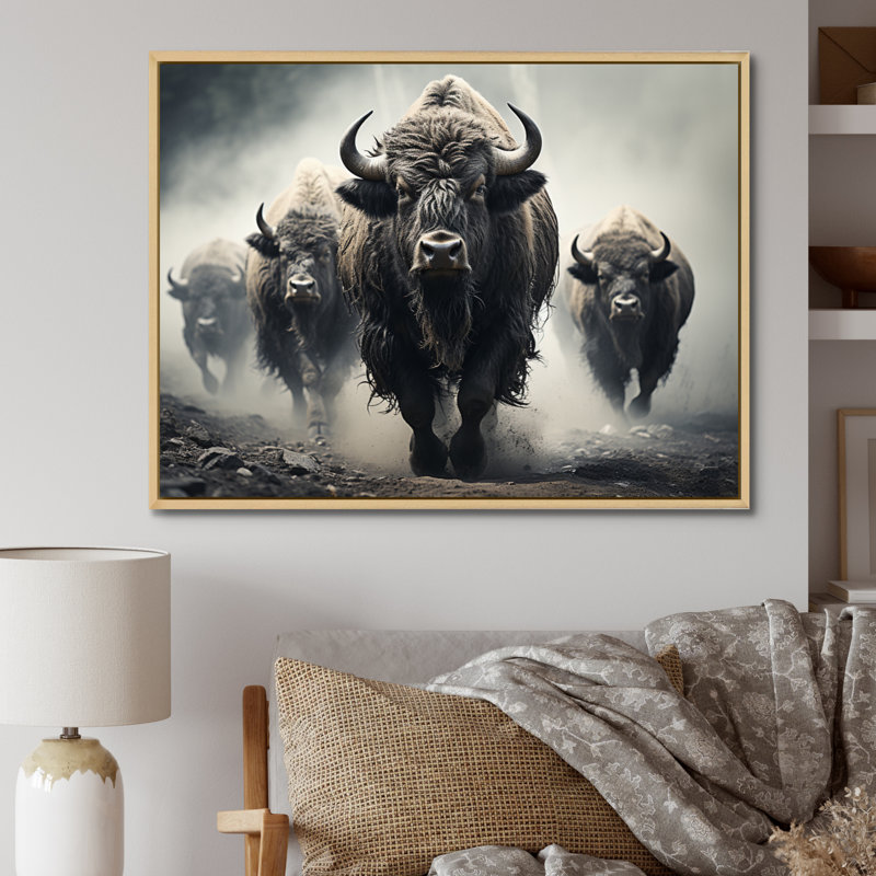 «Gray Buffalo Gentle Guardians I», art mural Buffalo, Cadre flottant érable, H 24 po x l 32 po x P 1 po
