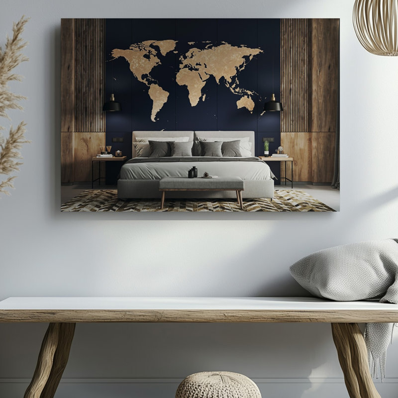 Toile, une chambre à coucher moderne avec une grande carte du monde texturée, art mural dans des tons beiges chauds sur fond bleu marine