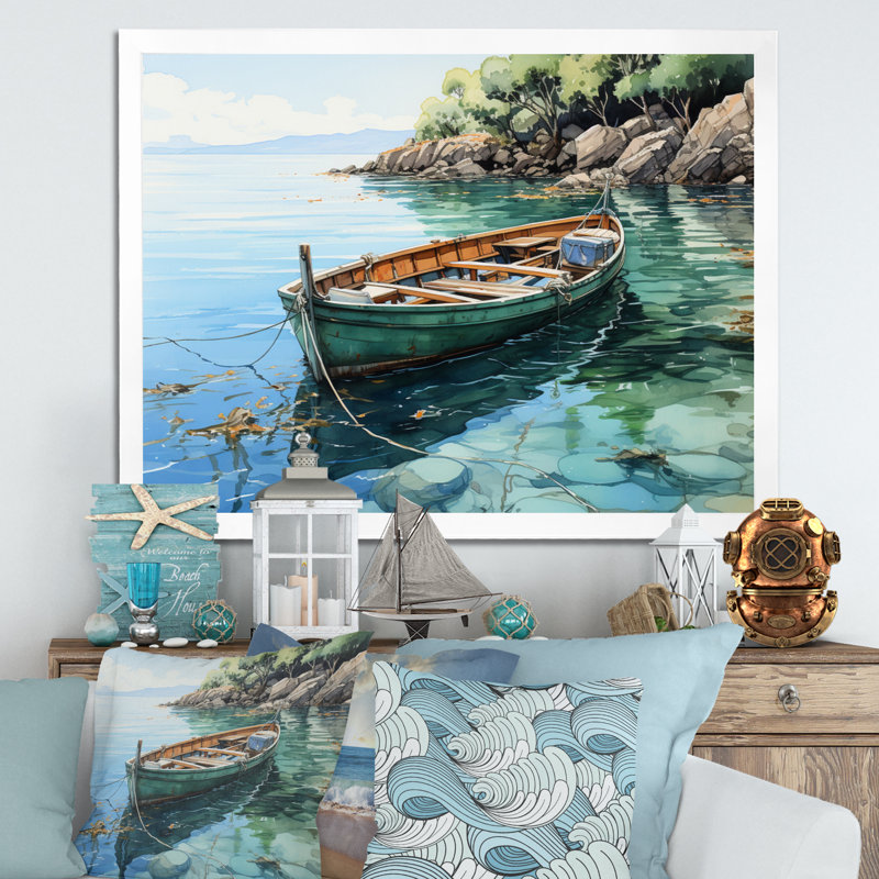 Bateau ancré IV sur toile, Cadre simple blanc, H 24 po x l 32 po x P 1 po