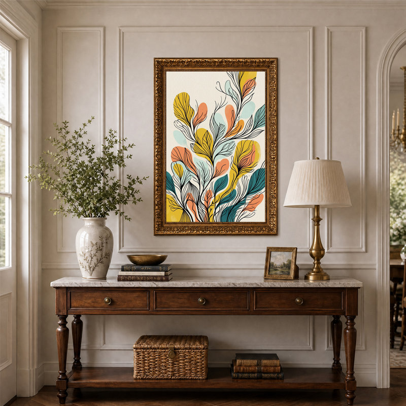 Tableau abstrait sur toile avec des feuilles moutarde et turquoise, H 24 po x l 16 po