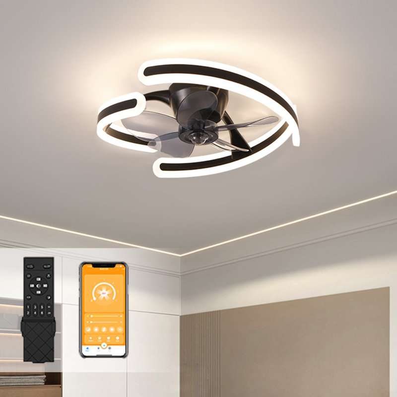 Ceiling Fan with Light, Ceiling Fan with Remote Control, Modern Flush Mount Ceiling Fan, Geometric Shape Fan Light for Bedroom, Living Room, Small LED Ceiling Light Fixture